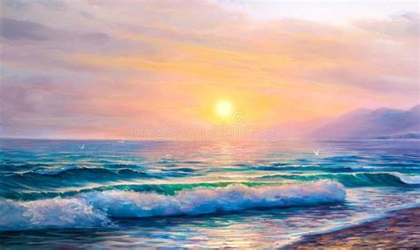 Sunrise Over Sea Painting Seascape Stock Image Image