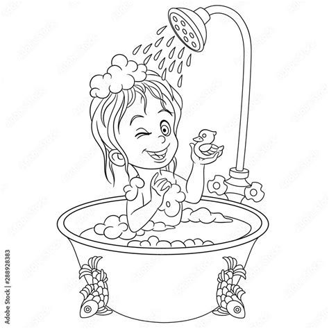 Coloring Page With Girl In Bathroom Taking A Shower Stock Vector