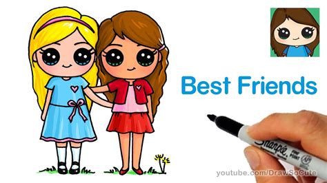 How To Draw Two Cute Girls Easy Best Friends Forever Youtube