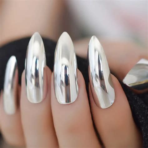 24pcs Metallic Stiletto Extra Long Silver Nails Mirror Effect Nail Ladies Fashion Artificial