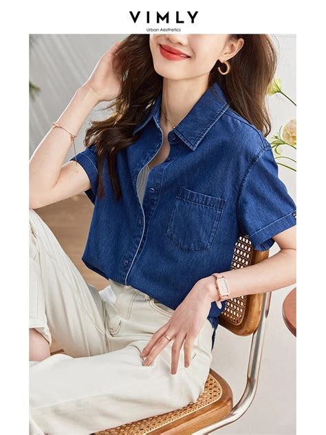 Vimly Short Sleeve Denim Shirts For Women 2023 Summer Thin Vintage Wathed Straight Loose Casual