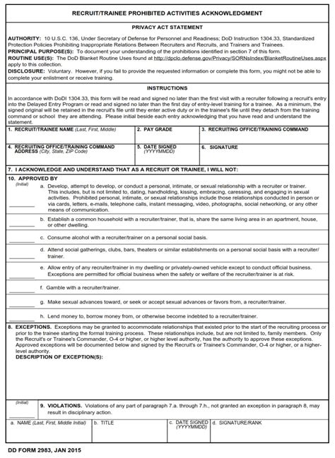 Dd Form 2983 Recruittrainee Prohibited Activities Acknowledgment