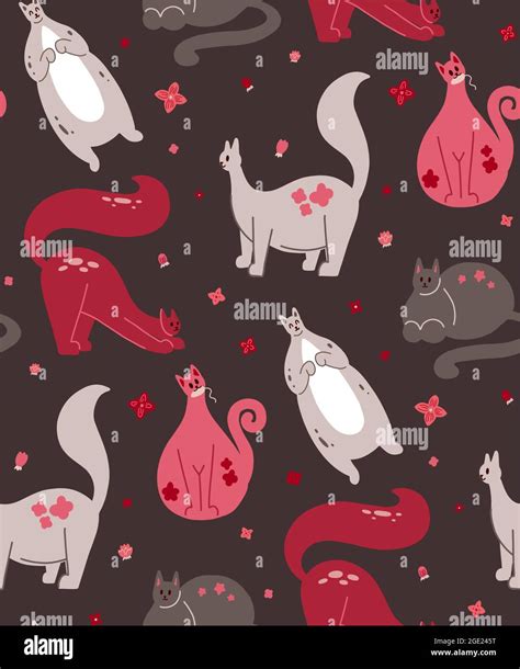 Seamless Baby Pattern With Fat Pink Cats And Flowers On Brown