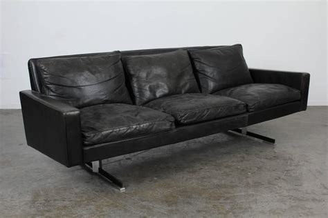 Mid Century Modern Black Leather Sofa With Chrome Legs 2 Black Leather