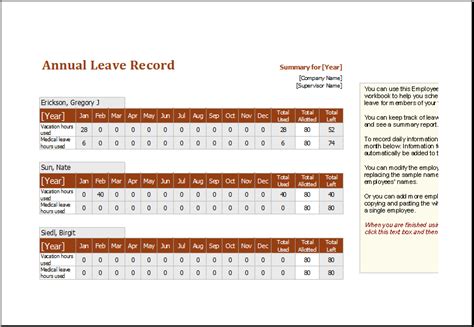 Employee Annual Leave Record Spreadsheet Editable Ms Excel Template