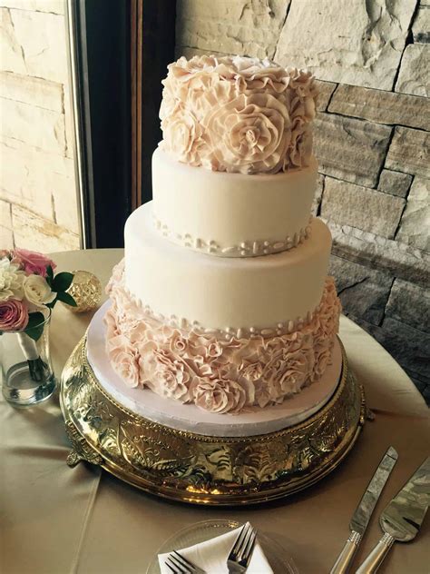 Blush Rosette Ruffle Wedding Cake With Fondant Ruffle And Handmade Fondant Pearls The Makery