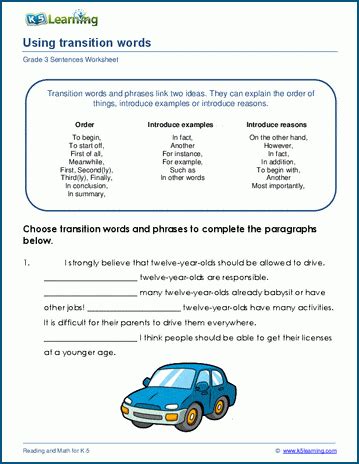 Transition Words Worksheets K5 Learning