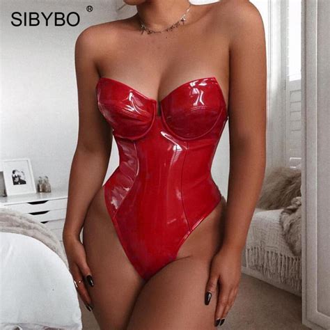 Sibybo Strapless Pu Leather Sexy Bodysuit Women Off Shoulder Skinny Summer Women Rompers