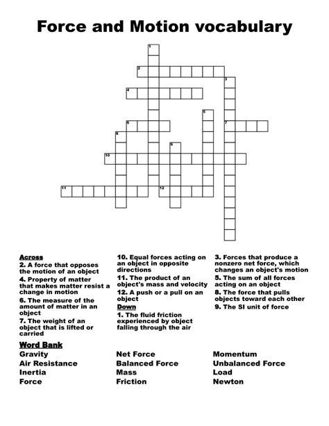 Force And Motion Vocabulary Crossword Wordmint