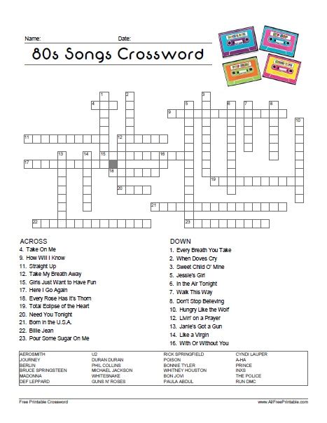 Print 80s Songs Word Search Free Printable