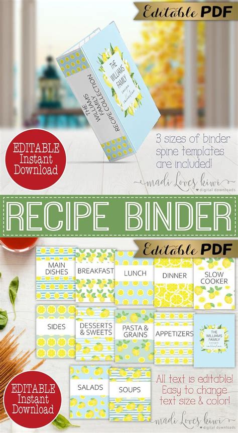 Editable Recipe Book Template Printable Lemon Binder Cover Etsy