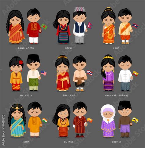 People In National Dress Burma Myanmar Brunei Bhutan Bangladesh