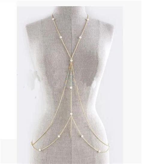 gold pearl necklace chain waist bikini body harness from layered body chain body jewelry chain