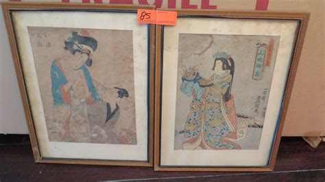 qty 2 framed japanese wood block prints 13 x 17 some staining and