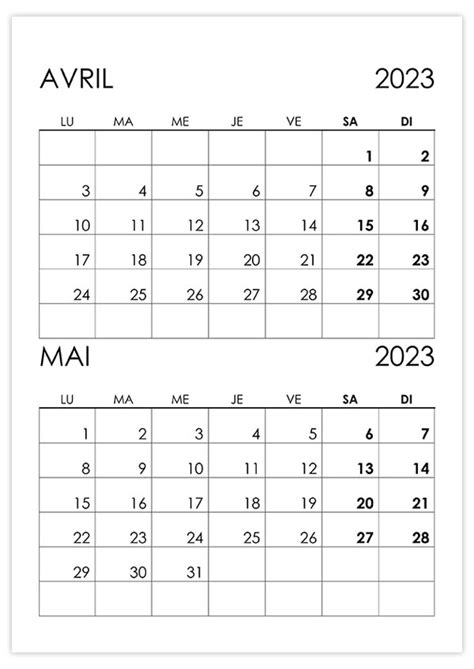 Calendrier Avril Mai 2023 Calendriersu