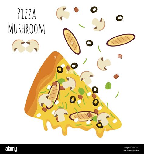 Italian Mushroom Pizza Slice With Falling Isolated Ingredients Vector