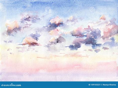 Watercolor Painted Picture Of Beautiful Sunset With Clouds Stock