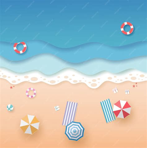 Premium Vector Top View Beach And Sea With Swim Ring Umbrellas And
