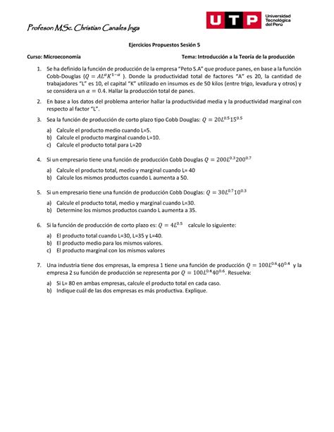 Ejercicios Propuestos Sesión 5 Microeconomia Profesor Msc