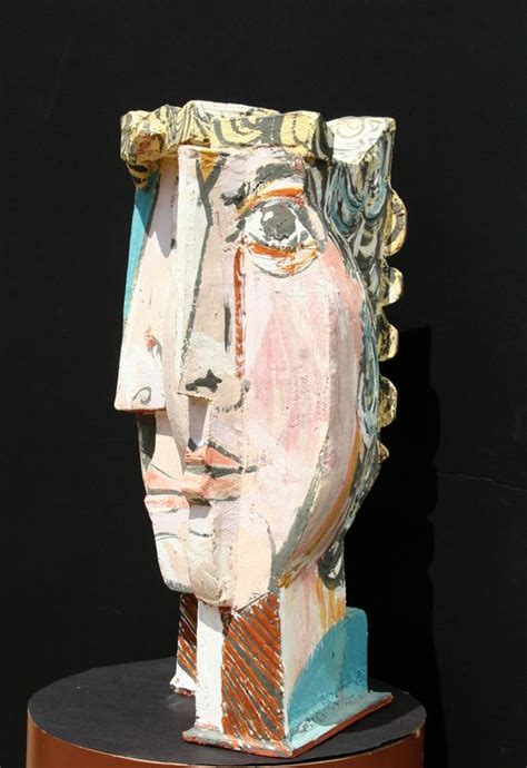 In The Style Of Pablo Picasso Cubist Face Terracotta Sculpture