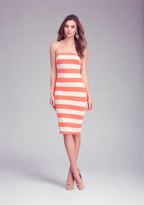 Bebe Midi Length Strapless Dress In Pink Hot Coralcement Lyst