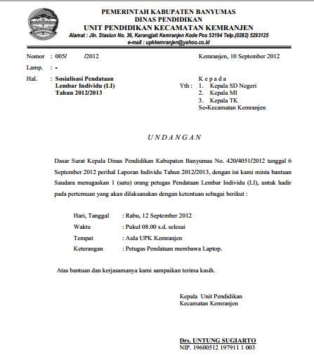 Surat resmi merupakan sebuah surat yang berasal dari lembaga atau ditujukan kepada sebuah lembaga. Contoh Surat Dinas Kepada Kepala Sekolah