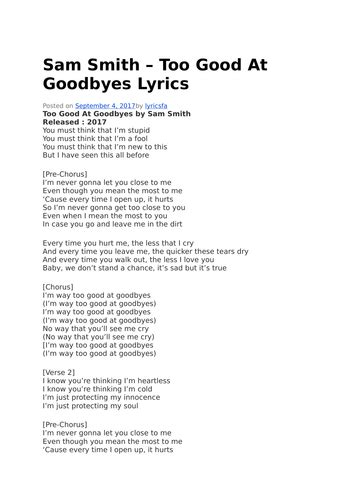 Hope hicks is way too good at goodbyes (and good lies) 03 01 2018. Sam-Smith---Too-Good-At-Goodbyes-Lyrics and video by ...