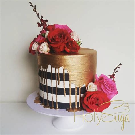 Our sweet 16 invitations can be downloaded, printed or sent online with easy rsvp tracking! Black and white stripes with gold drip and flowers | Shower cakes, Drip cakes, Gold wedding cake