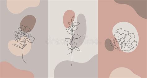 Vector Minimalist Style Plants Rose Line Flower Nude Colors Hand Drawn Abstract Print Stock