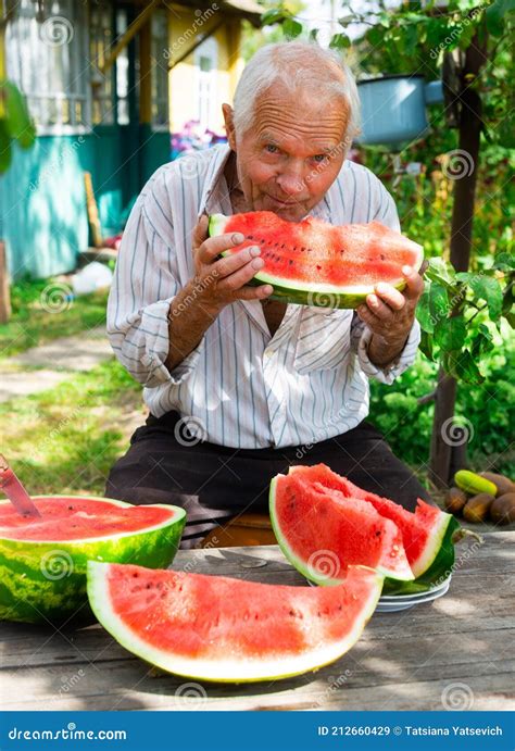 Gray Haired Old Man Eating A Huge Ripe Watermelon Stock Image Image Of Grandfather Sitting