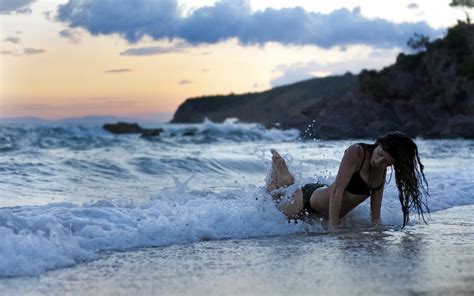 Wallpaper Women Outdoors Model Sea Shore Sand Brunette Beach Coast Bikini Vacation