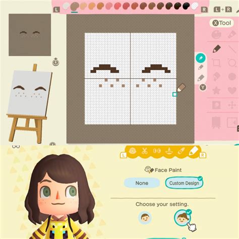 In order to create your own eyebrow pattern, you'll need to open up the custom designs app on your nookphone. I made eyebrows and freckles for my character! :D ...