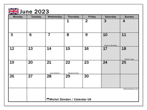 June 2023 Printable Calendar “united Kingdom” Michel Zbinden Uk