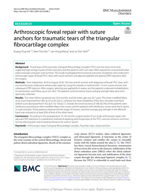 Pdf Arthroscopic Foveal Repair With Suture Anchors For Traumatic