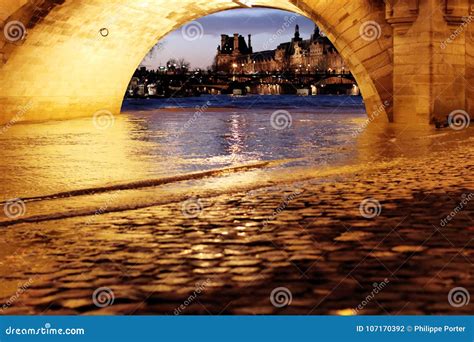 Louvre From Paris Bridge Pont Neuf Seine River Floods Stock Photo