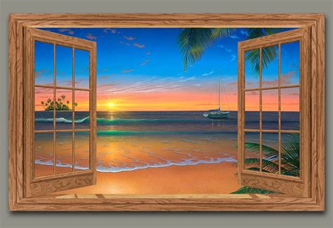 Sunset Seascape View From An Open Window Painting Window Painting