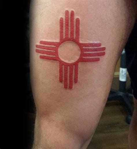 Guys Zia Tattoos With Red Ink Design On Upper Thigh New Mexico Tattoo