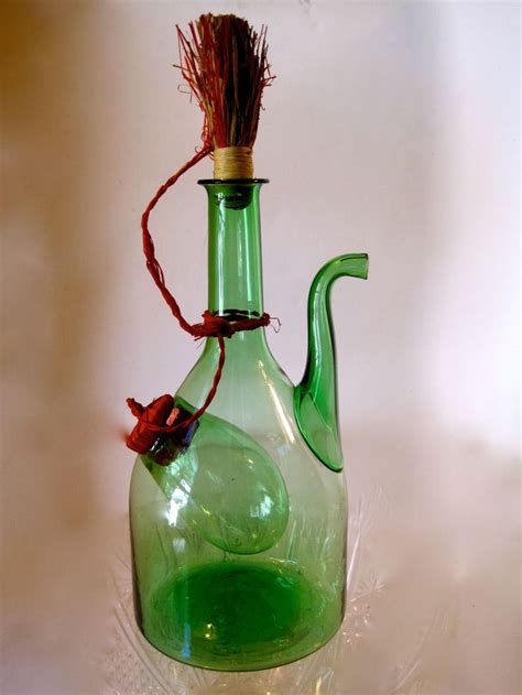 Vtg Hand Blown Italy Green Glass Wine Bottle Decanter Ice Chamber Straw