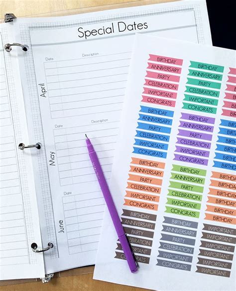 Special Dates Printable Planner Page 100 Directions