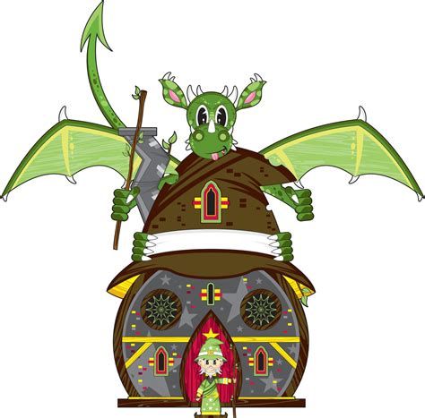 Cute Cartoon Magical Wizard And Fierce Green Dragon Illustration