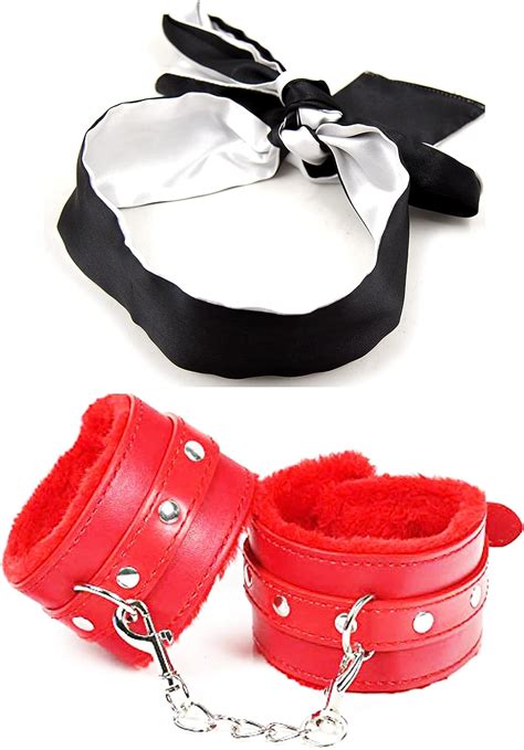 Satin Eye Mask Blindfold Red Fluffy Handcuffs Set Red