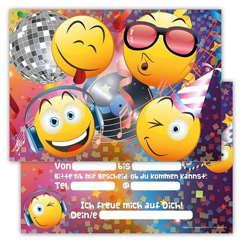 12 lustige einladungskarten im set für kindergeburtstag party emoji smiley disco für jungen