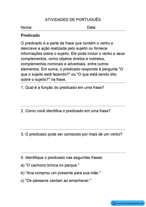 Atividade Sobre Tipos De Predicado Com Gabarito