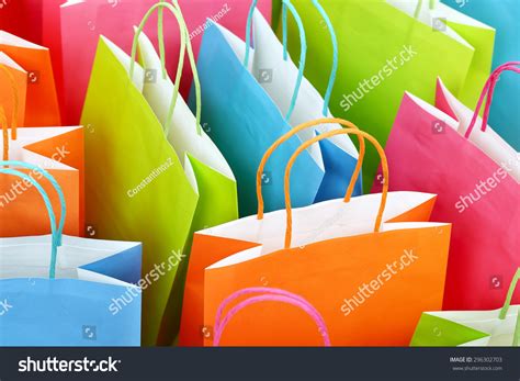 Close Up Of Colorful Paper Shopping Bags Stock Photo 296302703