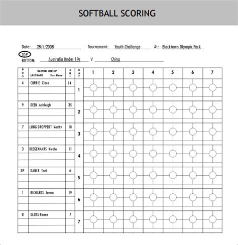 Softball Score Sheet 7 Download Free Download In Pdf Psd Word