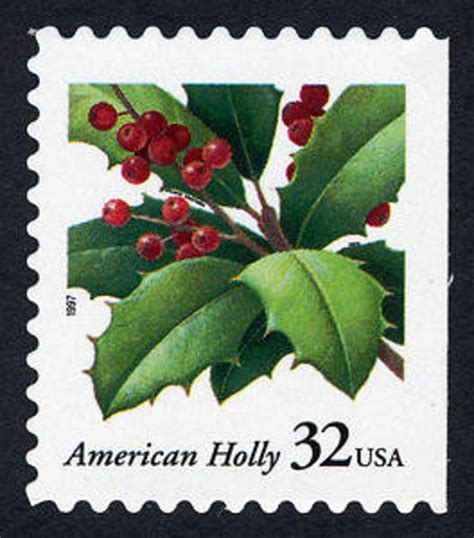 Five 5 Vintage Christmas Postage Stamps Holly 32c 32 Cent Etsy
