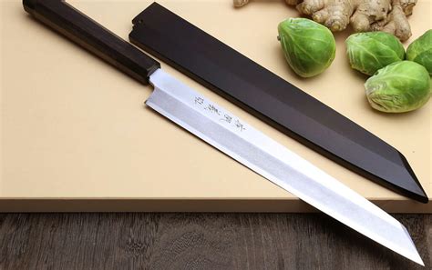 japanese knife knives sushi kiritsuke kitchen sashimi yoshihiro steel chef yanagi japan saya nuri handle rosewood vg stainless reviewed cutlery