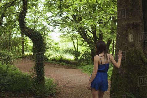 Rear View Of Woman Standing In Forest On A Sunny Day Stock Photo