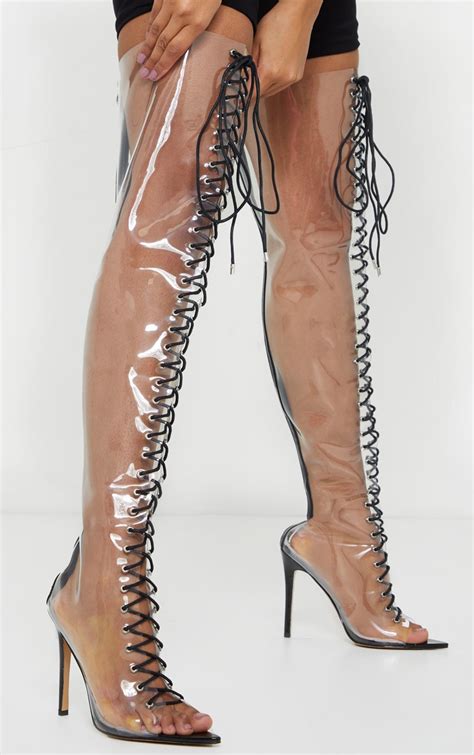 Damenschuhe Nude Black Silver Lace Up Thigh High Heel Boots Faux