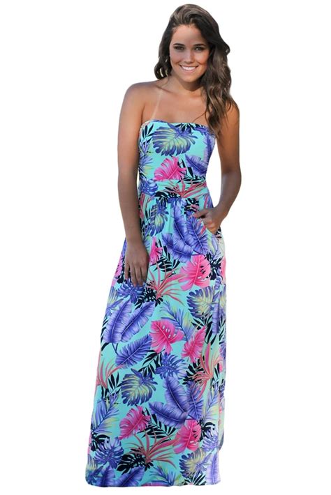 Mint Tropical Strapless Maxi Dress With Pockets Loverlydress